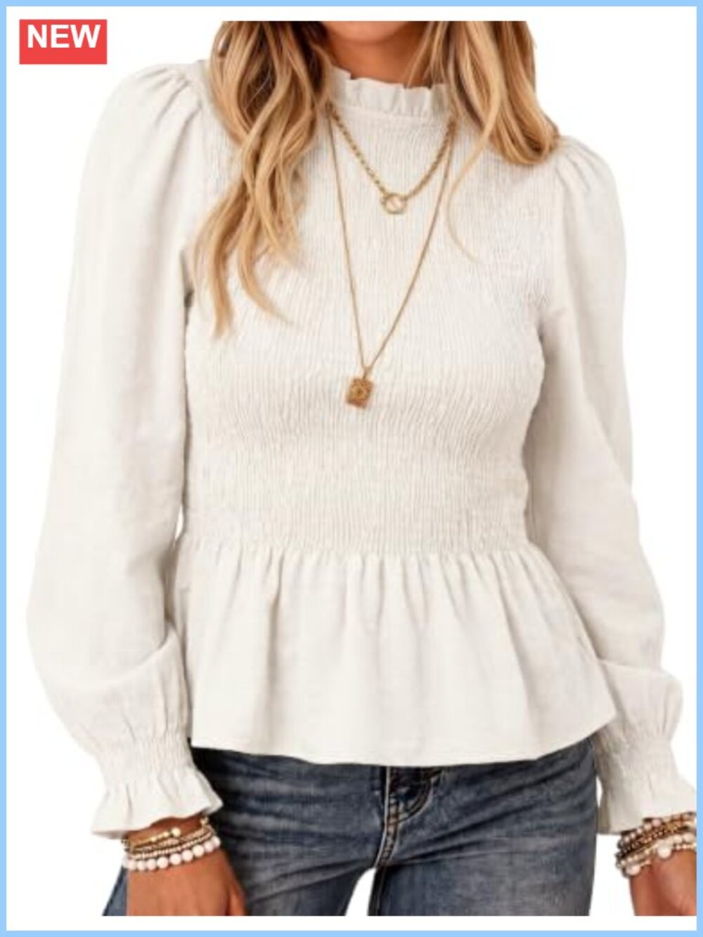 Smocked Peplum Blouse Ruffle Mock Neck Puff Sleeve Top